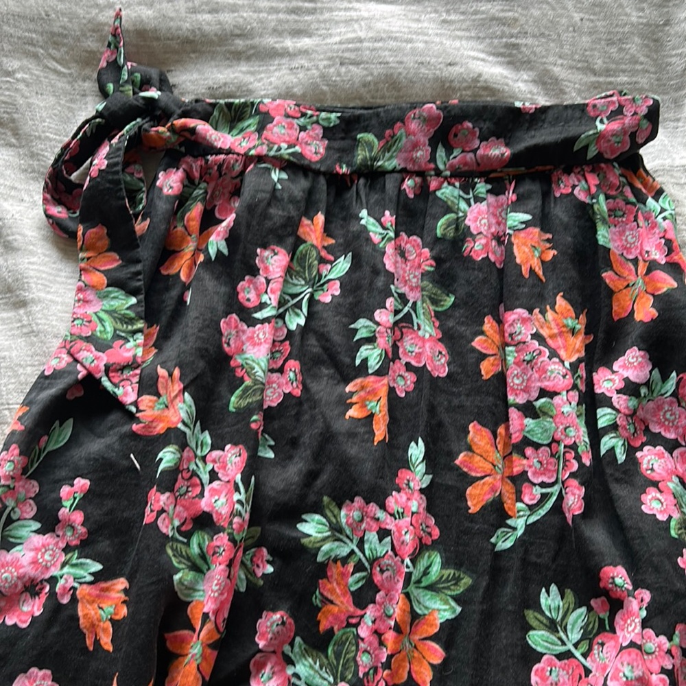 Floral Tie-Waist Women's Skirt - Black with Pink & Orange Floral